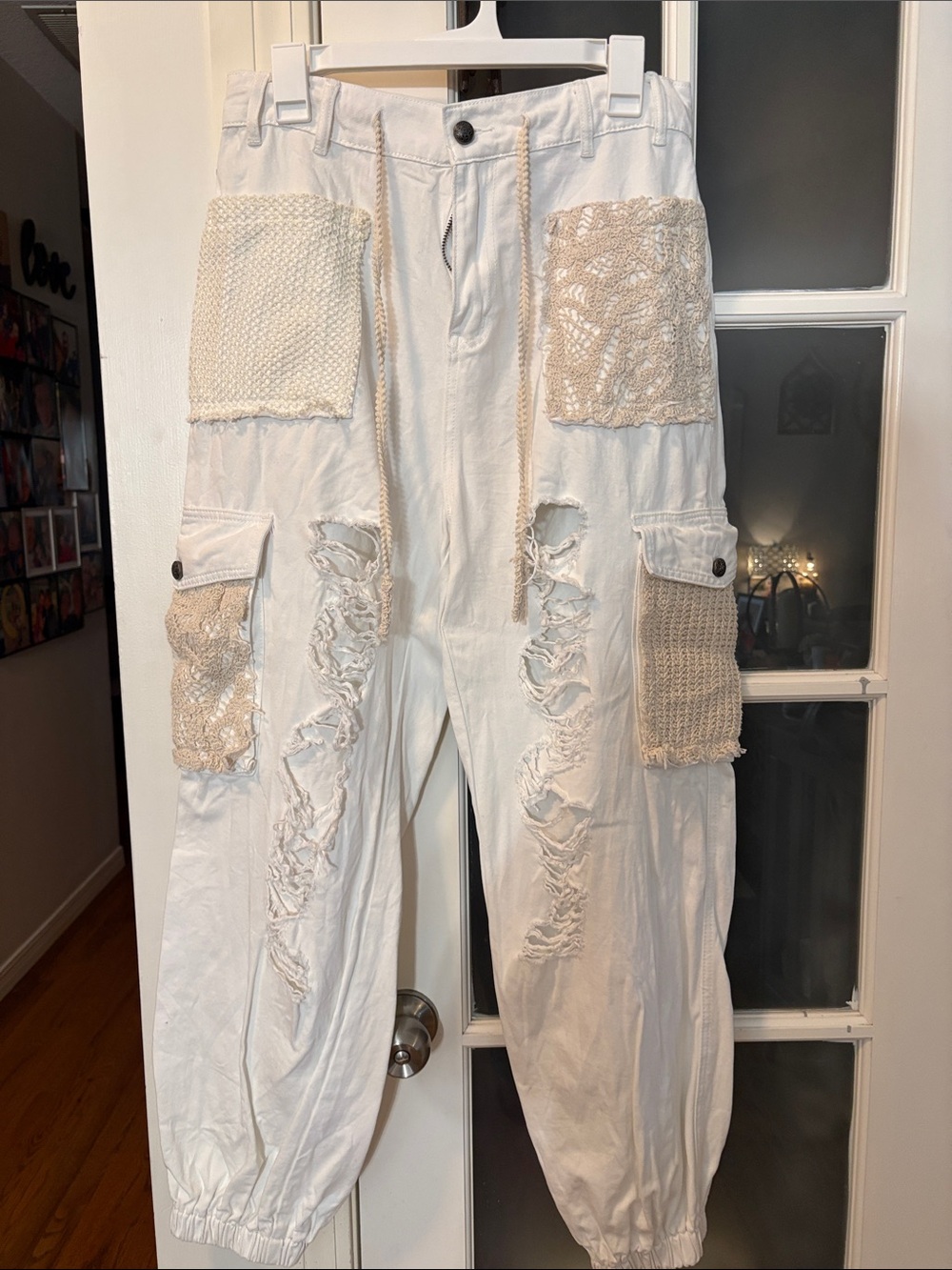 POL White Distressed Cargo Joggers with Crochet Patch Pockets